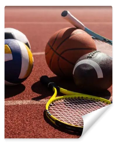 Set of sport equipment, soccer basketball balls and tennis rackets.