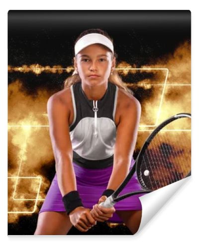 Tennis player. Beautiful girl teenager and athlete with racket in pink sporswear and hat on tennis court. Fashion and sport concepts