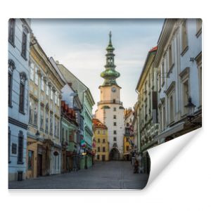 Empty Michalska Street in Bratislava Old Town During Coronavirus Pandemic with Michael's Tower (Michalska Brana) in Background in Slovakia