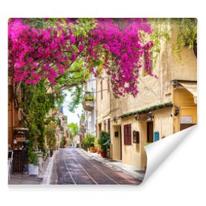 Beautiful view to the little streets of the old town Plaka of Athens, Greece with colorful houses and blooming bougainvillea flowers