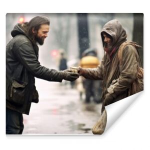fotograficzny portret przechodnia daje jedzenie i pieniądze bezdomnemu w starych ubraniach i brudnych, siwych włosach, siedzącemu i żebrzącemu