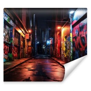 mokra ulica miasta po deszczu w nocy z kolorowym światłem i ścianą graffiti Generative Ai