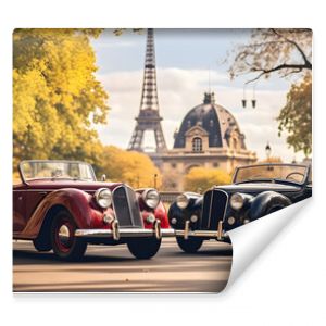 Elegant vintage cabriolets in a Parisian setting Eiffel Tower in the background --ar 16:9 --v 5.2 --style raw