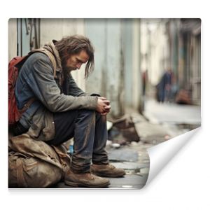 Homeless man sitting on the street