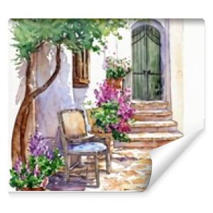 watercolor landscape, streets of summer southern city, flowers on the street, sketch style