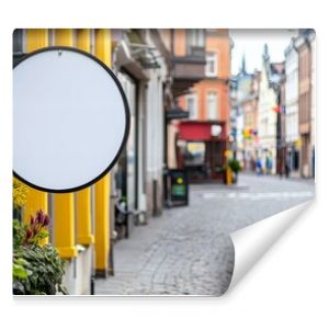 Blank round street sign on colorful cobblestone street in European town. Concept of travel, exploration, and urban signage.