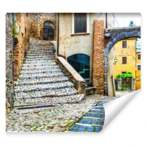 Tradycyjne średniowieczne wioski Włoch, malownicze, stare kwiatowe uliczki prowincji Casperia Rieti