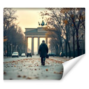 Yellow fall leaves lie on the old streets of Berlin with classic architecture. The setting creates a nostalgic atmosphere.