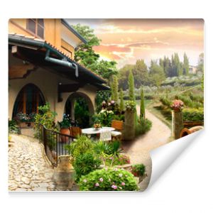 Rustic landscape, villa with a terrace by the forest. photo wallpapers.