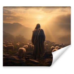 Jezus pasący owce na wieczornym niebie