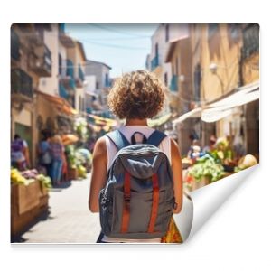 Dziewczyna podróżująca na ulicy starego miasta w Hiszpanii Młody turysta z plecakiem podróżujący samotnie Wakacyjna wycieczka