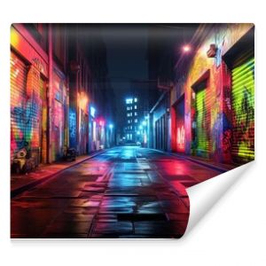 wet city street after rain at night time with colorful light and graffiti wall, Generative Ai