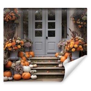 Porch of house, decorated with pumpkins and flowers