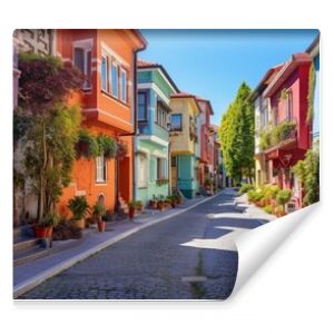 Beautiful colorful houses in Istanbul. Historical houses of Turkey belonging to the Ottoman period. View of colorful houses from the streets of Istanbul. summer landscape in the city. Balat, istanbul.