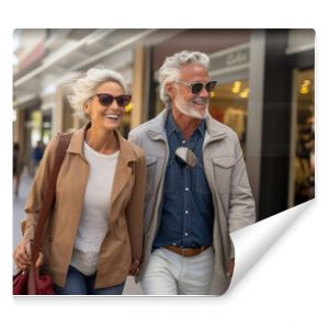 Older couple, full of joy and love, laughing and holding hands. Senior couple, husband and wife enjoy a vacation in the city center.