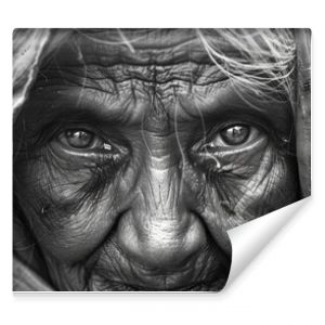 Beautiful eyes of an old woman covered in a sari looking at the camera, an old Indian woman with a face full of wrinkles, a busy city, a sad light