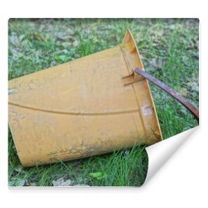 one large brown old plastic bucket dry closet stands in the green grass on the street