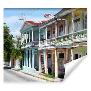 Historic Jamaican buildings in classic Georgian style architecture, lining the streets of downtown Kingston.