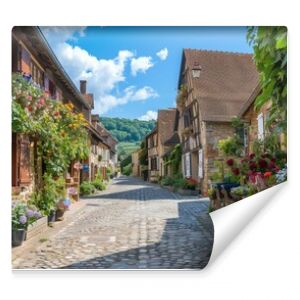 Charming narrow street in a small French village with half-timbered houses and flowers
