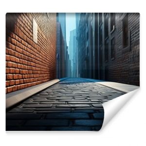  Cityscape with tall brick wall and shadowed street: A city street partially shaded by a tall brick wall,