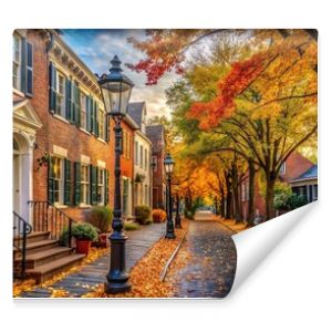 Vibrant autumn foliage frames historic 18th-century buildings, quaint cobblestone streets, and ornate lamp posts in Old Town Alexandria on a crisp fall morning.