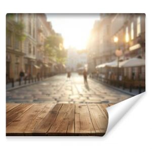 Wooden Tabletop with Blurry Background of a Sunny City Street