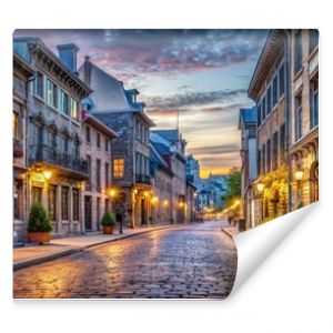 Charming old town Montreal with famous cobbled streets illuminated at twilight