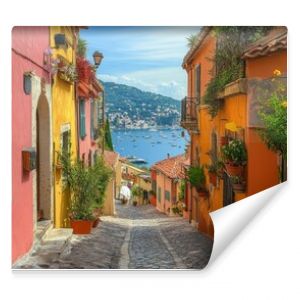 France, French Riviera, Villefranche old city streets in historic city center near sea promenade, Generative AI