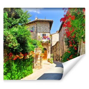 Flower filled medieval street in the beautiful old town of Assisi, Italy