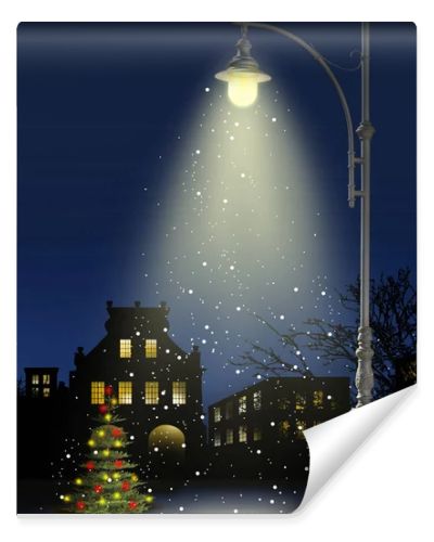 night with a Christmas tree and a lamp, falling snow