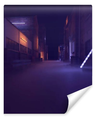 Misty industrial alley with neon lights in the night. 3D render.