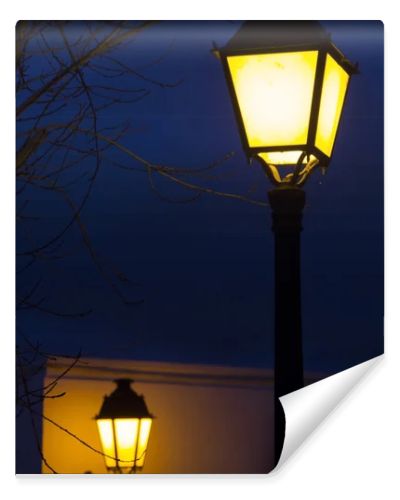 Traditional european streetlight pole lit at night