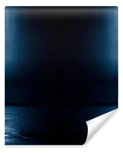 Dark street, wet asphalt, reflections of rays in the water. Abstract dark blue background, smoke, smog. Empty dark scene, neon light, spotlights. Concrete floor