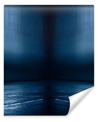 Dark street, wet asphalt, reflections of rays in the water. Abstract dark blue background, smoke, smog. Empty dark scene, neon light, spotlights. Concrete floor