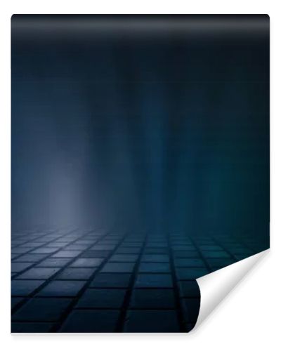 Dark street, wet asphalt, reflections of rays in the water. Abstract dark blue background, smoke, smog. Empty dark scene, neon light, spotlights. Concrete floor