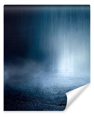 Dark street, wet asphalt, reflections of rays in the water. Abstract dark blue background, smoke, smog. Empty dark scene, neon light, spotlights. Concrete floor