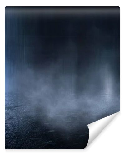 Dark street, wet asphalt, reflections of rays in the water. Abstract dark blue background, smoke, smog. Empty dark scene, neon light, spotlights. Concrete floor