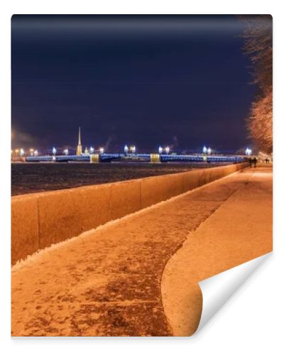 Admiralty Embankment at night in St. Petersburg in winter