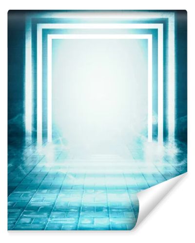 The background of an empty room with brick walls and concrete floor tiles. Blue neon light, spotlight, laser figures, smoke