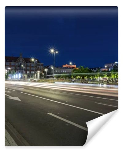 One of the central streets of Katowice after sunset