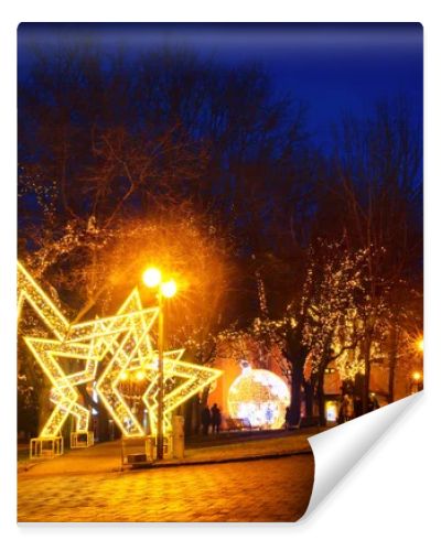 POPRAD, SLOVAKIA - Januar 2018 - St. Egidius street at night with christmas decorations and lights, Poprad, Slovakia, Europe. 