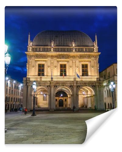 Palazzo della Loggia palace Town Hall Renaissance style building and street lights in Piazza della Loggia Square