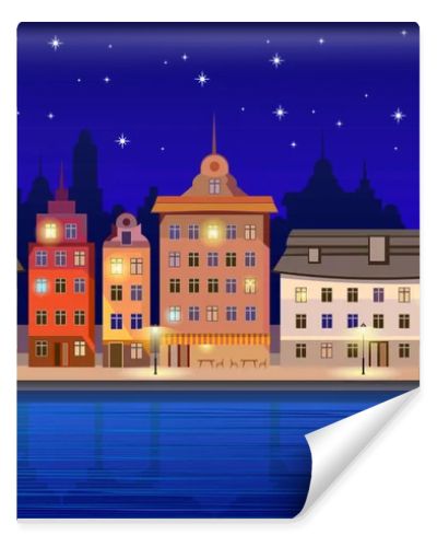 Urban landscape at night. Ancient houses on the waterfront. Flat design.