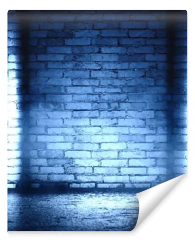 Background of empty brick wall, concrete floor, neon light, searchlight rays, smoke, smog