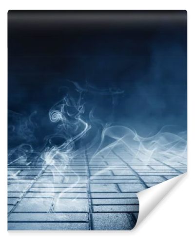 Background of empty dark street. Concrete floor, asphalt, lights, smoke, glow
