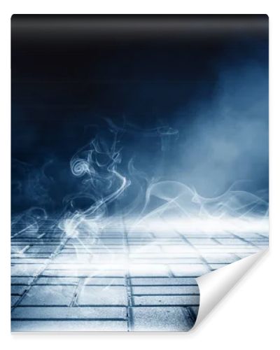 Background of empty dark street. Concrete floor, asphalt, lights, smoke, glow