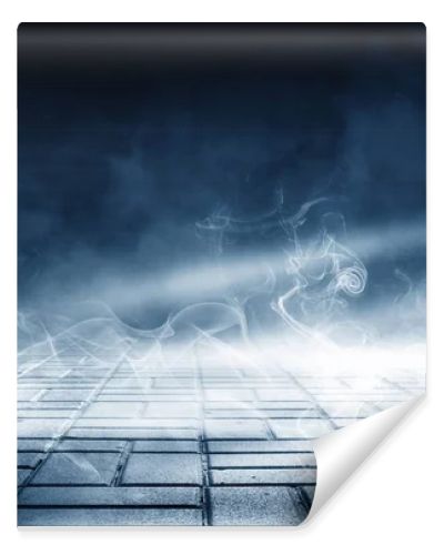 Background of empty dark street. Concrete floor, asphalt, lights, smoke, glow