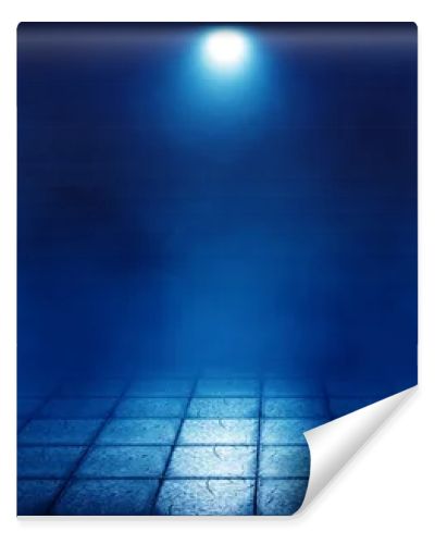 Background of an empty foggy street with a wet paving slab, smoke, illuminated by a searchlight, neon light and laser beams