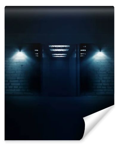 Background of empty room with brick walls and concrete concrete tiles. Open elevator doors. Neon light, spotlight, laser shapes, smoke