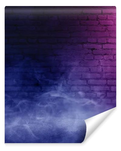 Background of empty brick old wall, spotlight, neon light, smoke